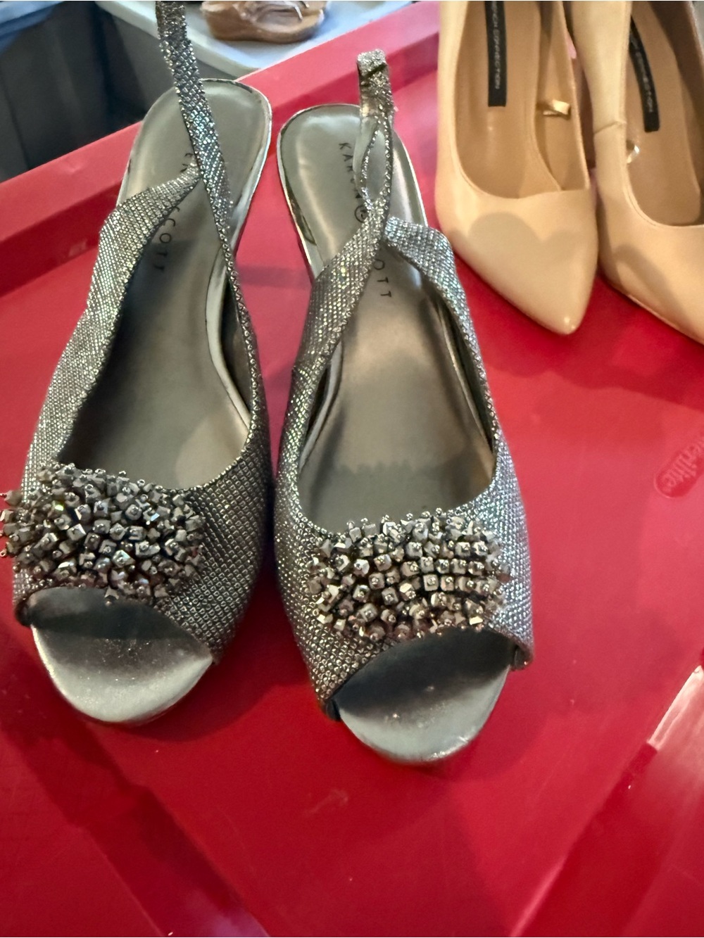 Scott Silver Beaded Peep-Toe Slingback Heels